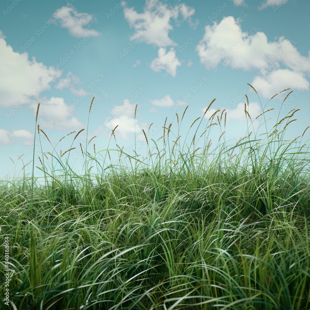 Fototapeta premium Field of tall green grass swaying in the wind against a blue sky with white clouds. The sky takes up about half of the image. The grassy field stretches out towards the horizon in the distance.