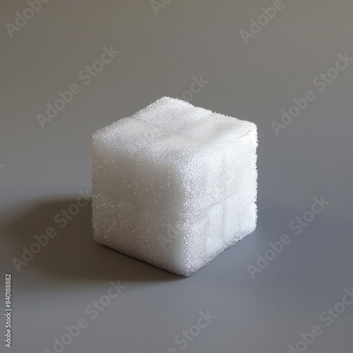 White cube of foam sitting on a gray surface. The foam looks like packing material or craft material. photo