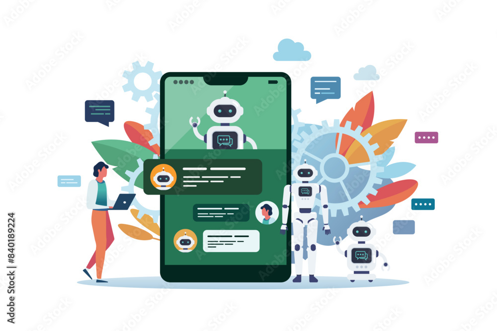 Man chatting with android robot or chat bot on smartphone screen. Artificial Intelligence. Man chatting with android robot or chat bot on smartphone screen. Artificial Intelligence.