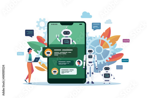 Man chatting with android robot or chat bot on smartphone screen. Artificial Intelligence.