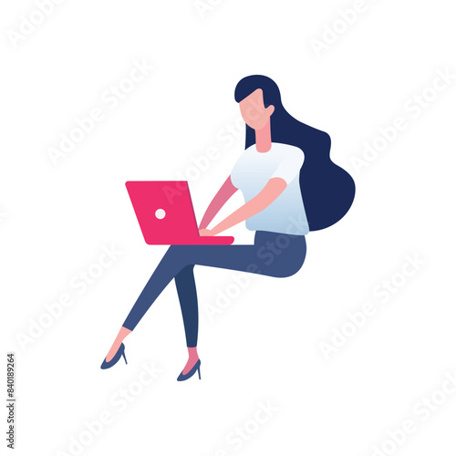 Woman sitting and working isolated on white background.