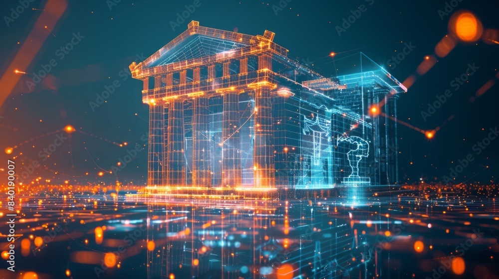 Fototapeta premium A futuristic bank building with holographic graphs and financial charts, representing the integration of blockchain technology in a modern colony era credit system.