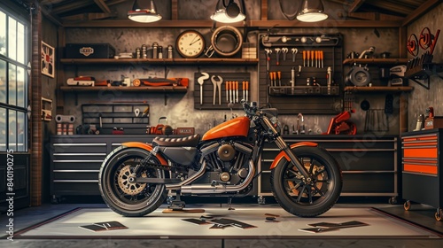 Custom Motorcycle Builder's Garage Sleek Bike on Lift Tools on Wall Professional Business Cards Ready for Your Branding
