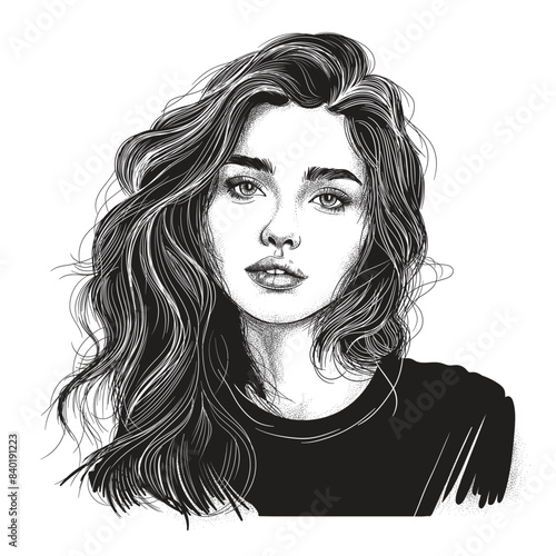 Vector portrait of a fashionable young beautiful girl with tousled hair. Vector black and white female portrait.