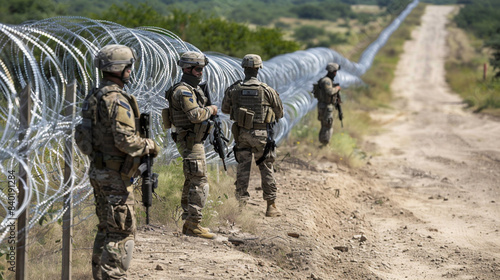 Military and border guards with weapons standing along the border with barbed wire, guarding the international border from illegal immigrants. Texas and Mexico Emigration Crisis