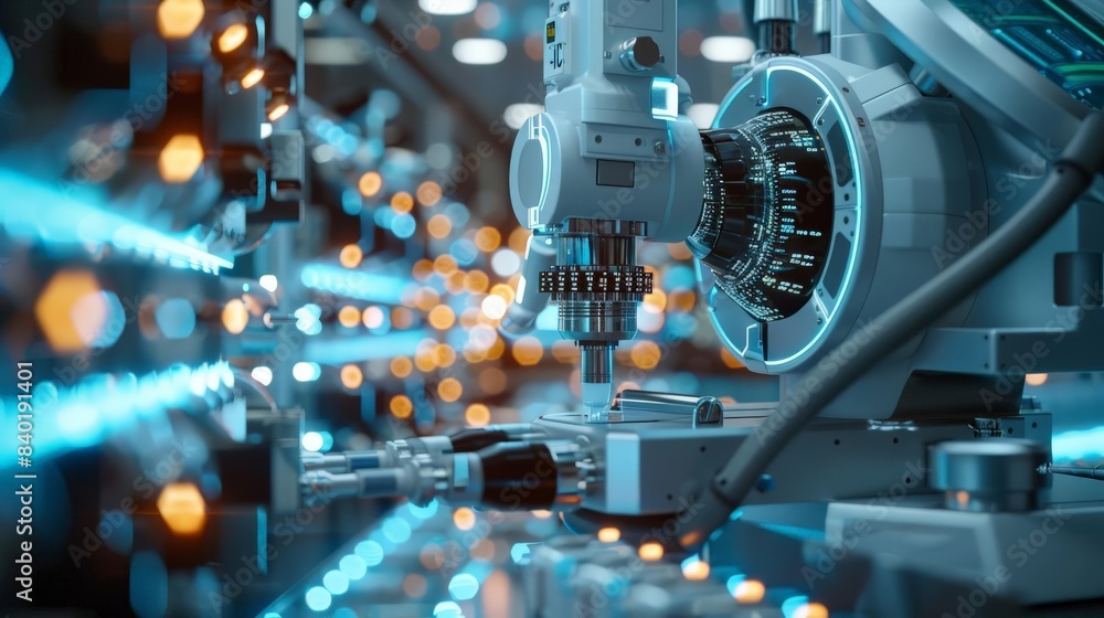 A close up of a robotic arm in a futuristic factory. The arm is made of metal and has a blue light on it. The background is blurred and there are bright lights in the distance. A close up of a robotic arm in a futuristic factory. The arm is made of metal and has a blue light on it. The background is blurred and there are bright lights in the distance.