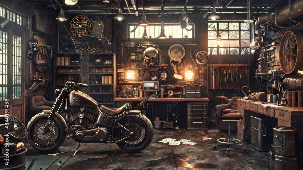 Fototapeta premium Custom Motorcycle Workshop Crafting Bespoke Bikes with Leather Seats and Tools Business Cards Ready for Your Branding