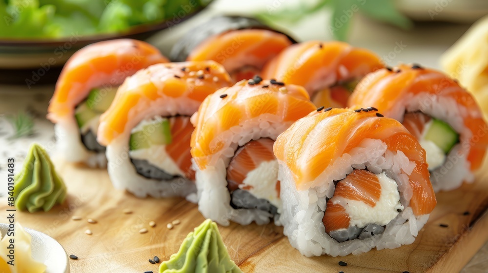A set of Philadelphia sushi rolls with salmon and cream cheese A set of Philadelphia sushi rolls with salmon and cream cheese
