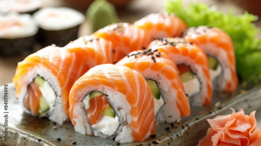 A set of Philadelphia sushi rolls with salmon and cream cheese A set of Philadelphia sushi rolls with salmon and cream cheese