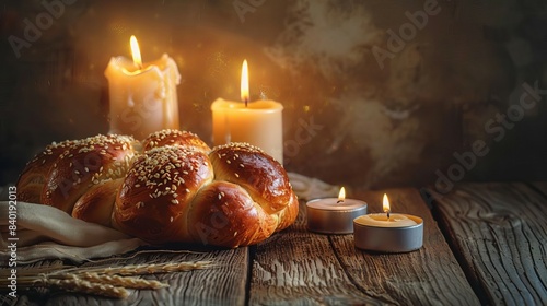 Wallpaper Mural Photorealistic depiction of a low-angle shot of sabbath candles and rich, golden challah bread on a weathered wooden table, inspired by traditional still life, generous copyspace available Torontodigital.ca