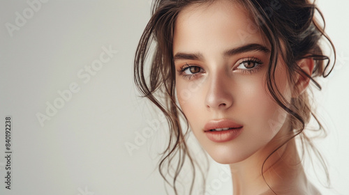 Natural makeup of a young beautiful model on a studio background with copy space, cosmetic concept