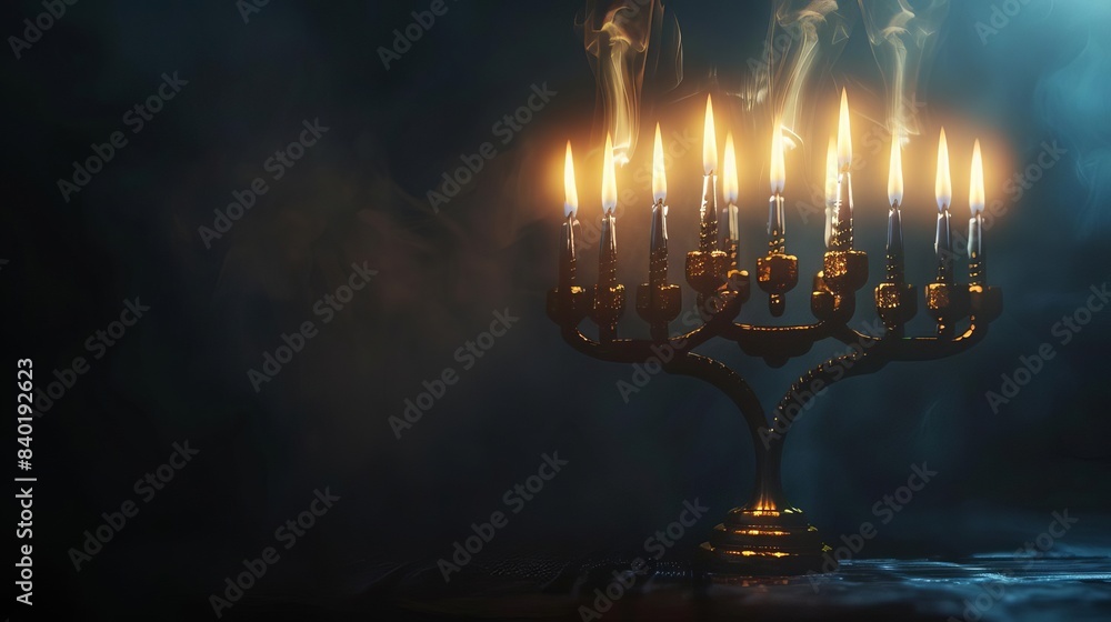 Side view, low key photograph of a Hanukkah menorah, simple and elegant, dark and foggy background, ample copyspace for text, CG 3D render, realistic light and texture Side view, low key photograph of a Hanukkah menorah, simple and elegant, dark and foggy background, ample copyspace for text, CG 3D render, realistic light and texture