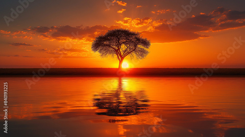 Panorama silhouette tree in africa with sunset.Tree silhouetted against a setting sun reflection on water.Typical african sunset with acacia trees in Masai Mara  Kenya.
