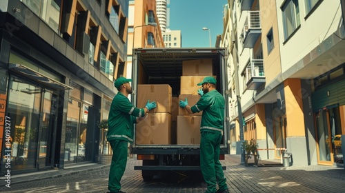 The delivery workers unloading truck photo