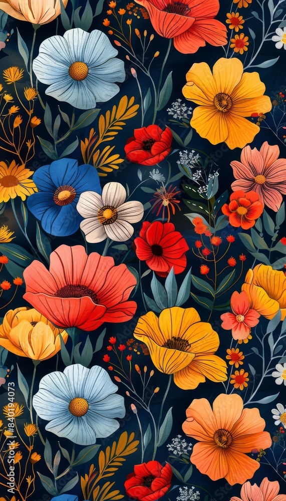 Vibrant floral pattern with blue, yellow, red, and orange flowers on a dark background. Perfect for textiles, wallpapers, and design projects. Vibrant floral pattern with blue, yellow, red, and orange flowers on a dark background. Perfect for textiles, wallpapers, and design projects.