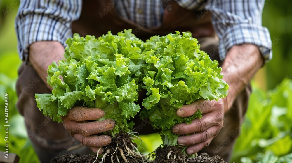 Close-up view of farmer holding and collecting green lettuce leaves with roots Close-up view of farmer holding and collecting green lettuce leaves with roots