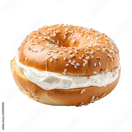 A freshly baked sesame bagel with a thick layer of cream cheese   isolated on transparent background.