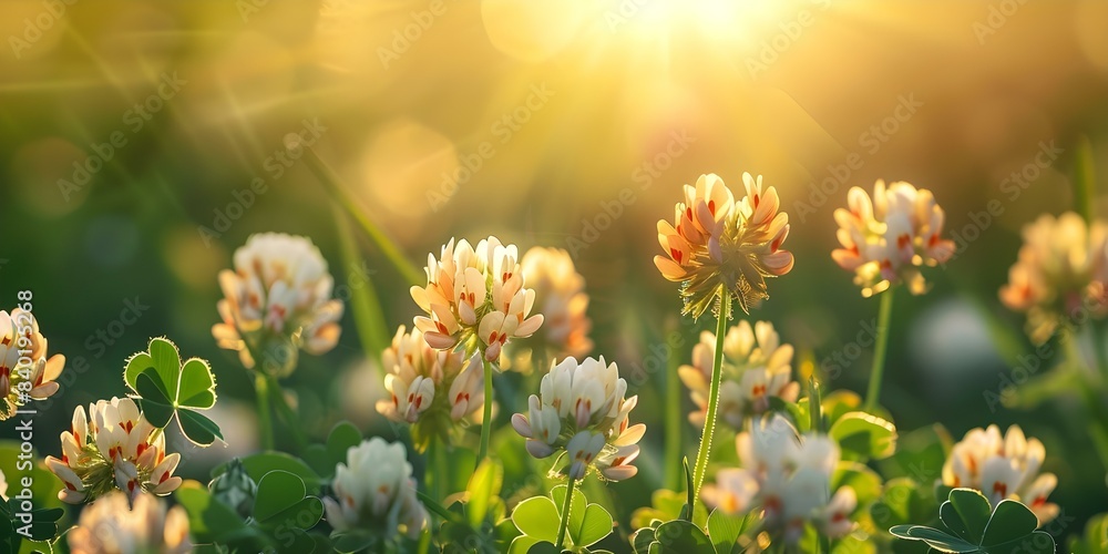 Closeup of clover wildflowers in a sunlit meadow soft focus background. Concept Wildflowers, Closeup Photography, Sunlit Meadow, Soft Focus Background Closeup of clover wildflowers in a sunlit meadow soft focus background. Concept Wildflowers, Closeup Photography, Sunlit Meadow, Soft Focus Background