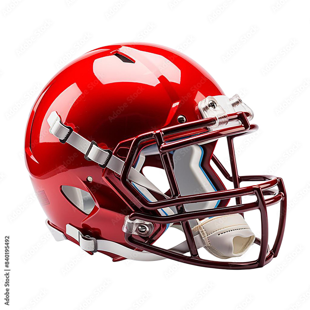 Fototapeta premium Red football helmet with white stripes and a maroon face mask. Isolated on transparent background.