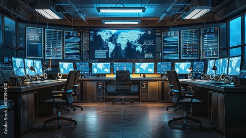 Digital Fortress Cyber Security Expert's Command Center with Multiple Monitors Secure Servers and Blank Business Cards Technology Data Protection Network Security Concept