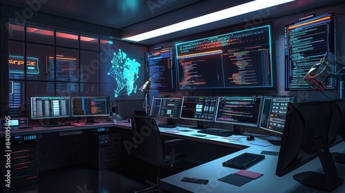 Digital Fortress Cyber Security Expert's Command Center with Multiple Monitors Secure Servers and Blank Business Cards Technology Data Protection Network Security Concept