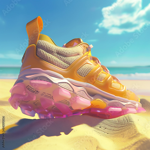 Yellow sneakers resting on a sandy beach