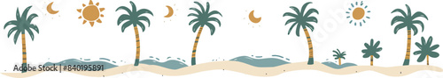 simple vector illustration of palm trees, sea and sun on white background