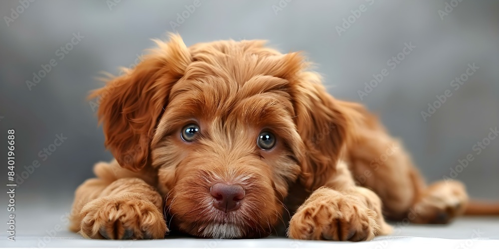 Labradoodle puppy with red coat lying down looking at camera on white. Concept The topic related to the description is Labradoodle puppy with red coat lying down looking at camera on white. Concept The topic related to the description is