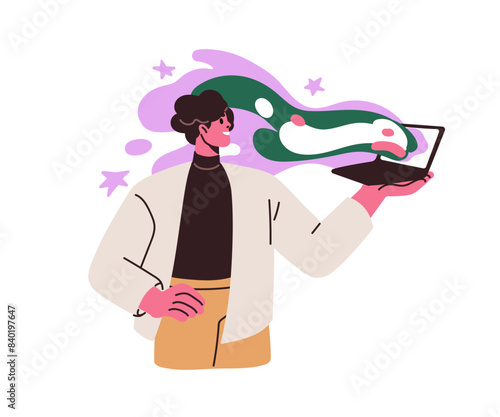 Creativity and technology concept. Generating creative ideas, digital art on laptop. Inspired creator, artist creating content, designing. Flat vector illustration isolated on white background