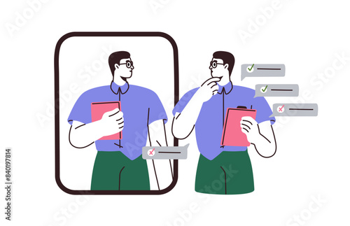 Self-assessment concept. Critical reflection, personal evaluation, review, analysis, appraisal of achievement, success and failure. Psychology, flat vector illustration isolated on white background