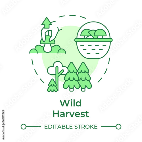 Wild harvest soft green concept icon. Mushroom cultivation technique. Edible mushrooms foraging. Round shape line illustration. Abstract idea. Graphic design. Easy to use in article