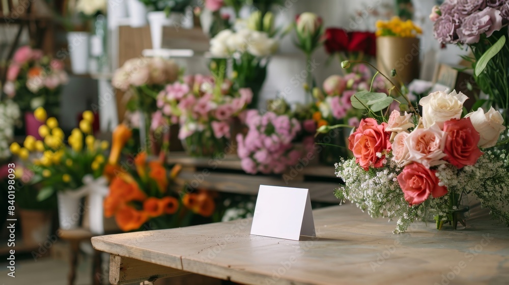 Budding Business Floral Designer's Studio with Fresh Cut Flowers and Blank Business Cards Budding Business Floral Designer's Studio with Fresh Cut Flowers and Blank Business Cards