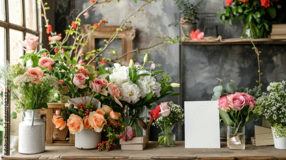 Fototapeta premium Budding Business Floral Designer's Studio with Fresh Cut Flowers and Blank Business Cards