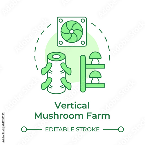 Vertical mushroom farm soft green concept icon. Mushroom cultivation technique. Vertical layers. Indoor farming. Round shape line illustration. Abstract idea. Graphic design. Easy to use in article