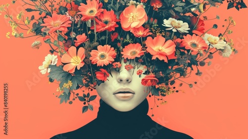 Wallpaper Mural Surreal illustration of a woman with her face covered in flowers, minimal style Torontodigital.ca