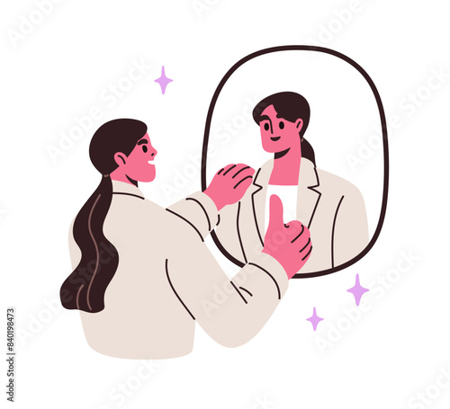 Self-motivation, appreciation, support concept. Woman in front of mirror reflection, smiling with confidence, love, respect to herself. Psychology flat vector illustration isolated on white background