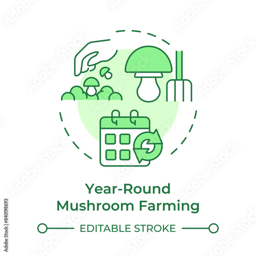 Year-round mushroom farming soft green concept icon. Mushroom cultivation benefit. Short growth cycle. Round shape line illustration. Abstract idea. Graphic design. Easy to use in article