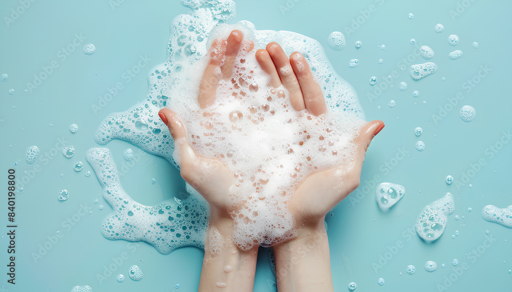 Hands in soap foam on light blue background Hands in soap foam on light blue background