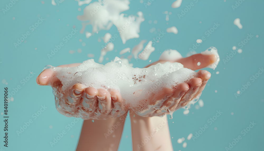 Hands in soap foam on light blue background Hands in soap foam on light blue background