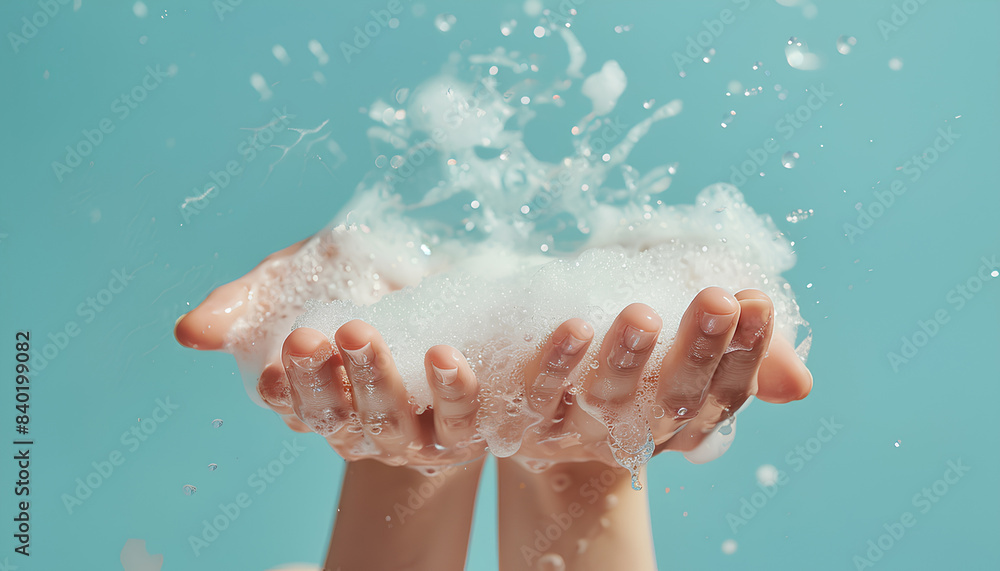 Fototapeta premium Hands in soap foam on light blue background