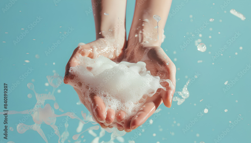 Fototapeta premium Hands in soap foam on light blue background
