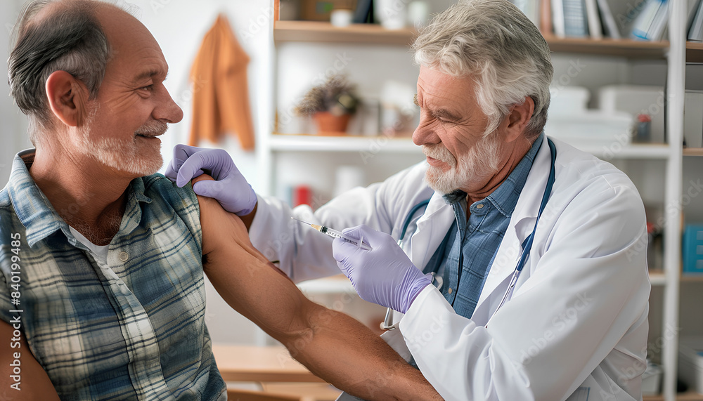 Fototapeta premium Mature doctor giving sporty man with joint pain injection in cli