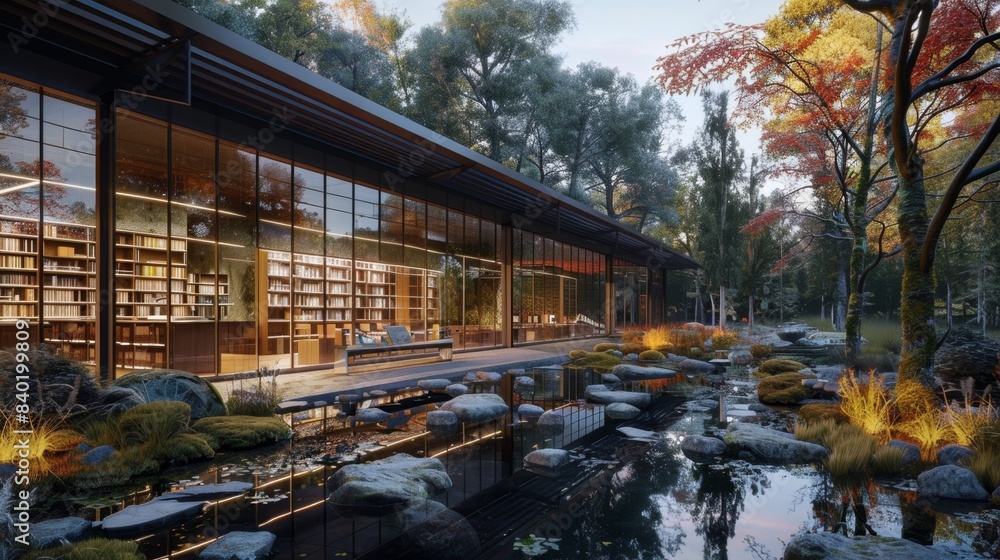 Serenity and Knowledge GlassEncased Library Amidst Lush Forest Stock Image Serenity and Knowledge GlassEncased Library Amidst Lush Forest Stock Image