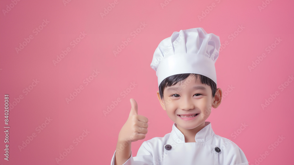 Portrait photography of a cute littlechef, smiling cute little , showing thumb-up, on pastel color background Portrait photography of a cute littlechef, smiling cute little , showing thumb-up, on pastel color background