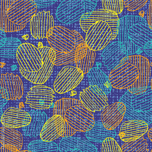 Vector colorful hand drawn overlapping potato chips seamless repeat pattern with canvas texture background. Suitable for textile, menu design and wallpaper.
