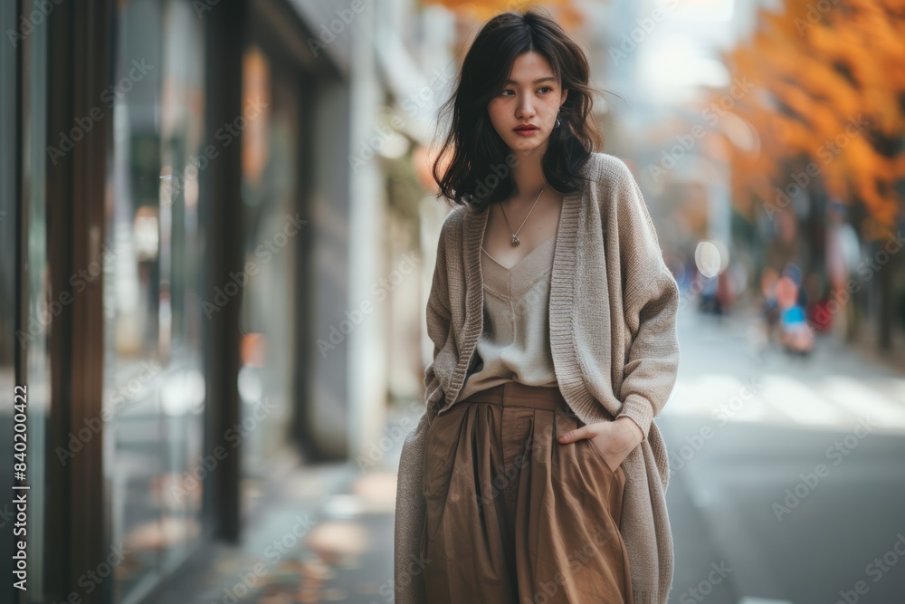 Fototapeta premium Trendy Asian Woman Walking in Autumn Street. Generative AI.