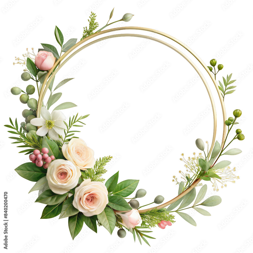 Wreath with beige rose. Floral design decor for greeting or wedding card. Round frame made of branches. Wreath with beige rose. Floral design decor for greeting or wedding card. Round frame made of branches.
