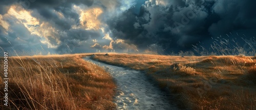 Stormy skies loom over a winding path through golden fields, creating a dramatic and picturesque landscape scene. photo