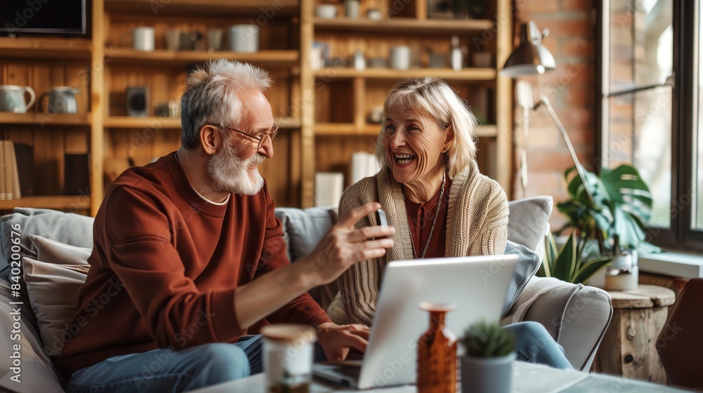 Happy senior couple using a laptop at home, sharing a moment of laughter and conversation in a cozy living room. Happy senior couple using a laptop at home, sharing a moment of laughter and conversation in a cozy living room.
