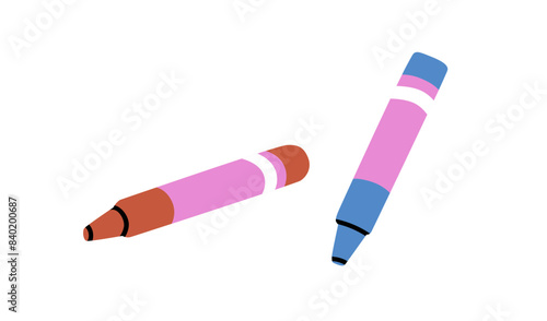 Coloured crayon pencils. Drawing sticks, wax supplies. Painting accessories for fine art. Stationery, oil pastel, colored pigments. Flat graphic vector illustration isolated on white background